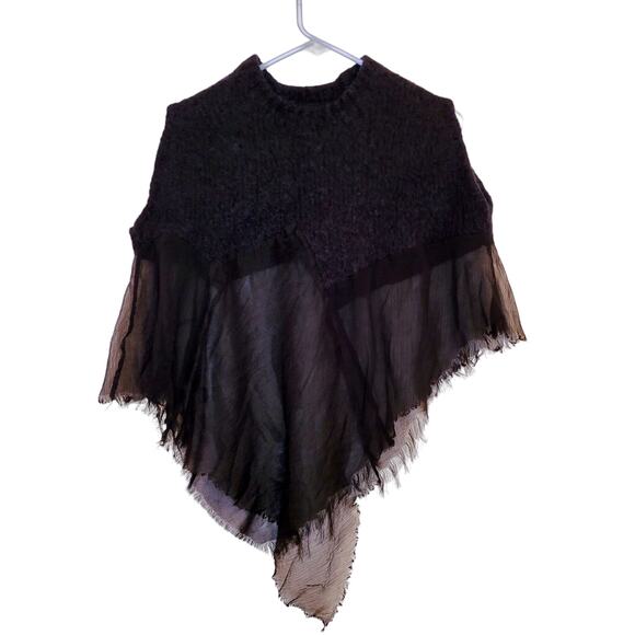 Izzue womens black wool and chiffon distressed modern goth poncho sweater XS - Picture 1 of 8